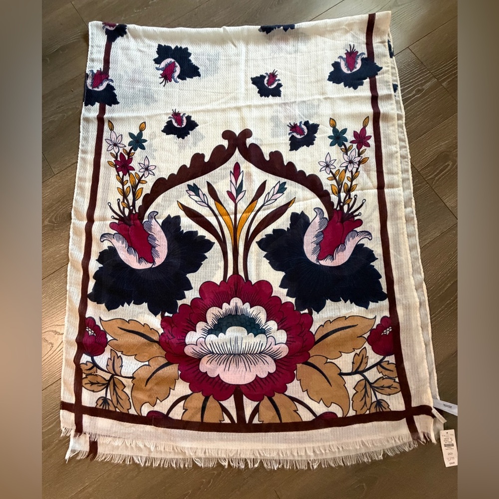 NWT Talbots Scarf Ivory White W/ Jewel Tone Floral Lightweight Wrap 28x70”